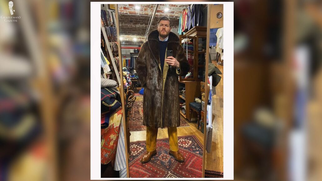 Sean in a vintage beaver overcoat for a cold weather ensemble