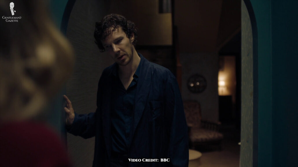 Sherlock Holmes wearing dressing gown on a film