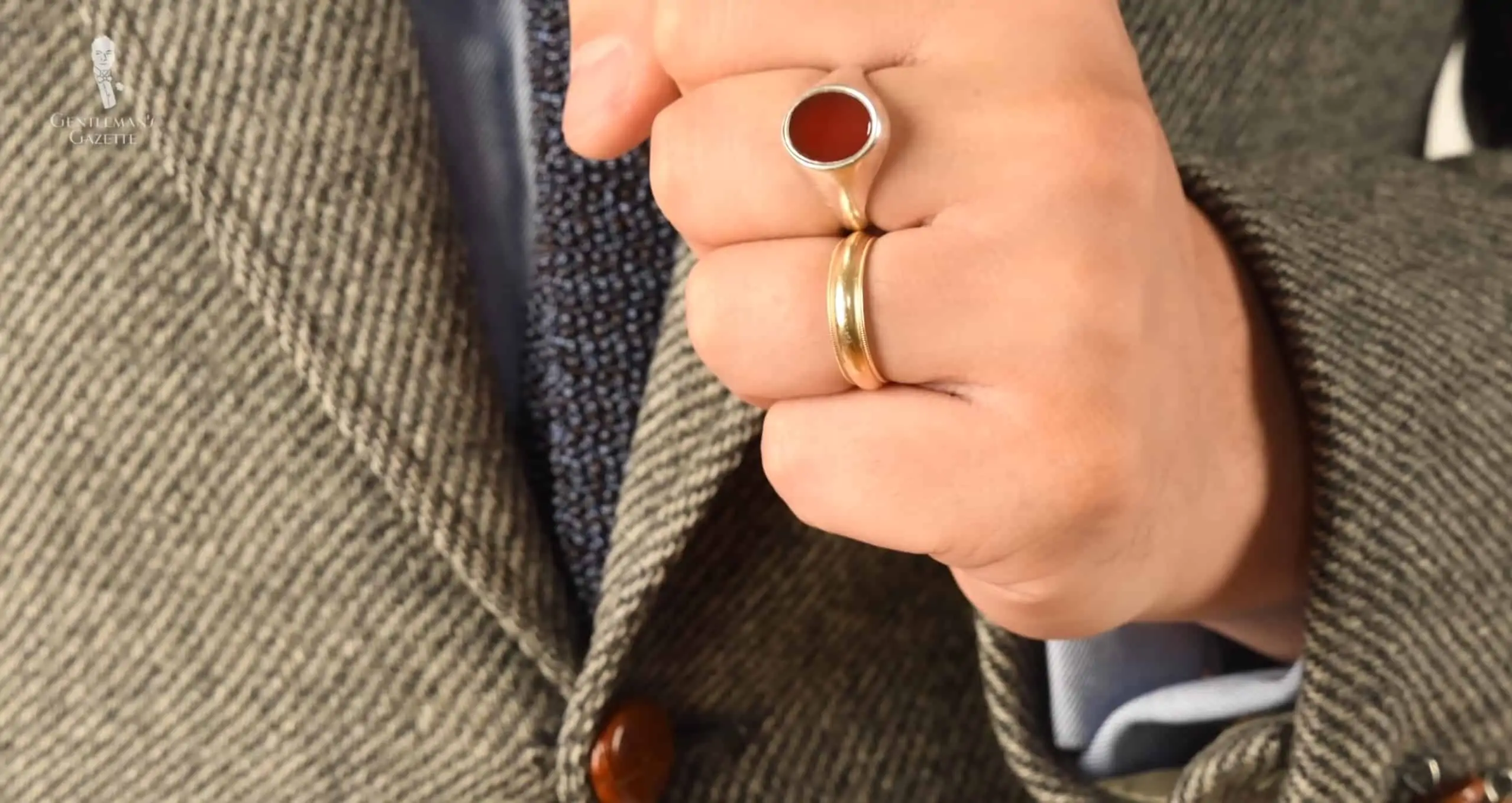 A hand wearing two rings, including a gold ring with a red stone on the middle finger