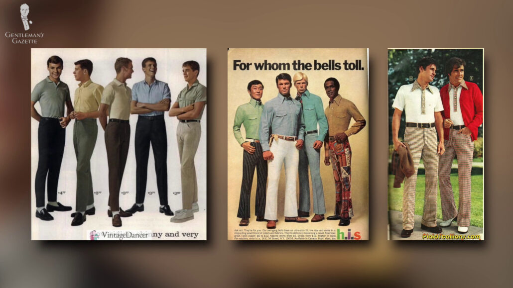 Slimmer, flat fronted trousers came back in style in the 1970s.