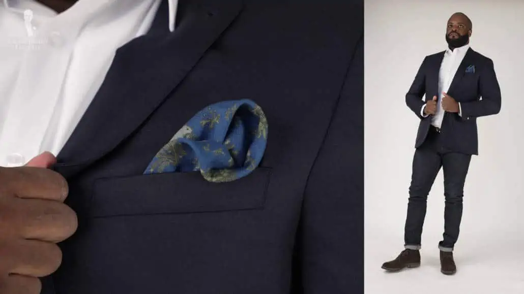 The modern navy suit outfit was made more visually interesting with a mid-blue pocket square from Fort Belvedere.