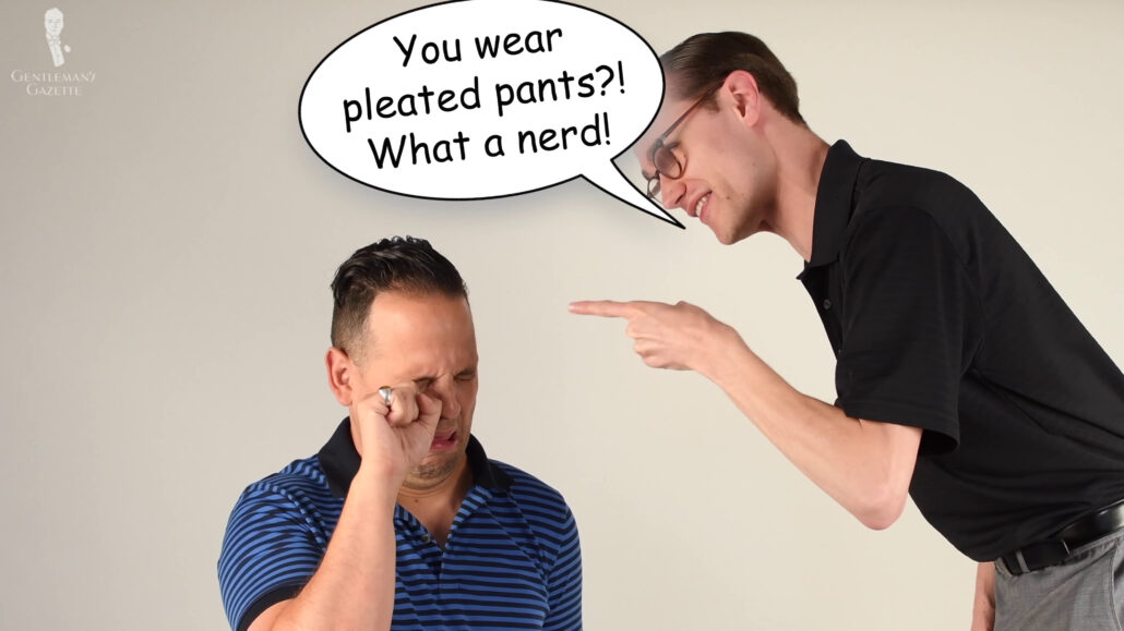 The nerd association between pleated trousers and nerd characters became one of the reasons why men stopped wearing pleated pants.