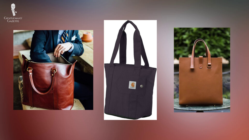 Tote bags with different top closure.