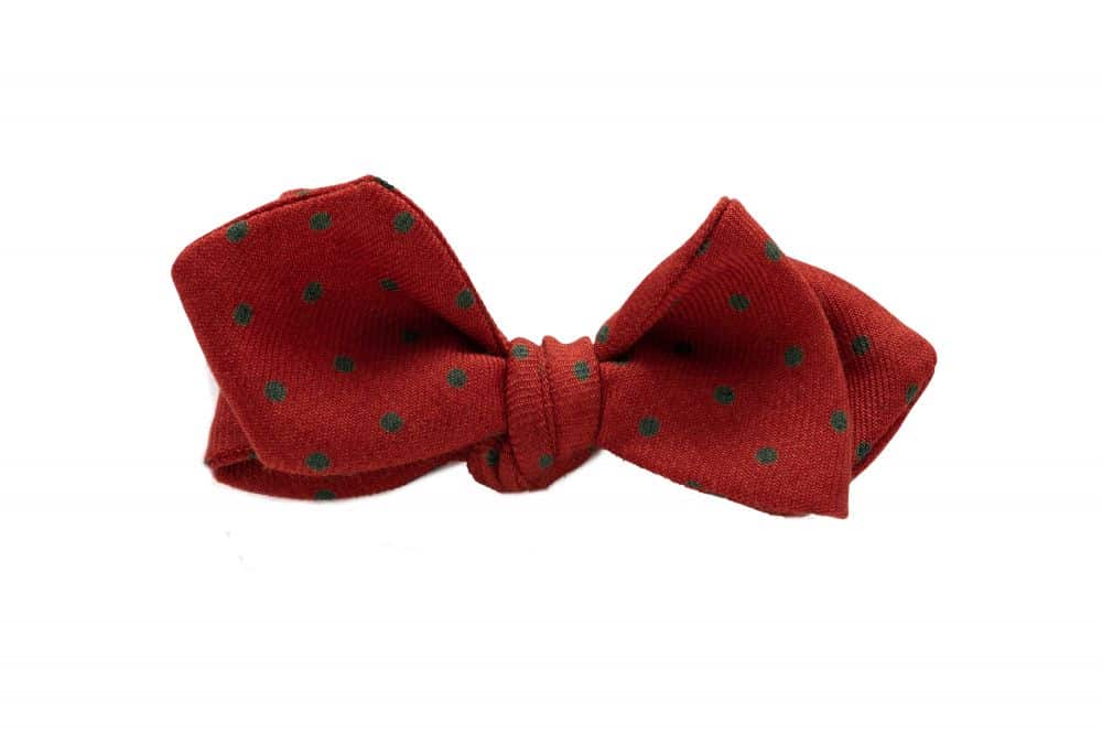 Wool Challis Bow Tie in Orange with Green Polka Dots and Pointed Ends - Fort Belvedere