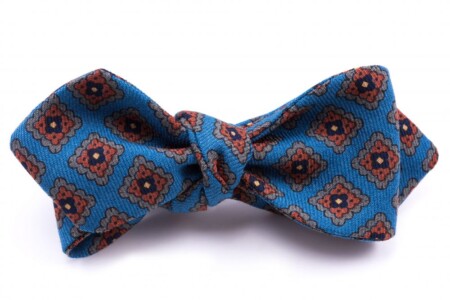 Wool Challis Bow Tie in Turquoise Blue with Green, Orange, Navy and Yellow Diamond - Fort Belvedere