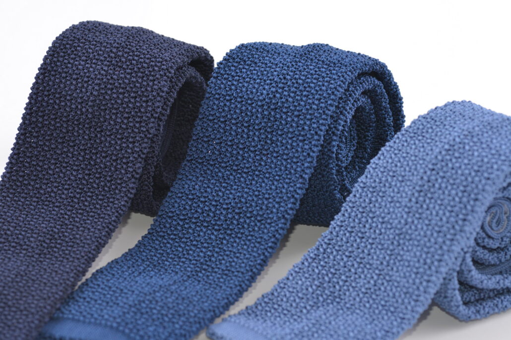 Different knit ties in shades of blue from Fort Belvedere