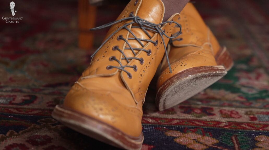 Raphael's Tricker's boots (Pictured: Dark Charcoal Boot Laces Round Waxed Cotton from Fort Belvedere)