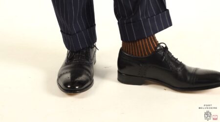 The same pair of half-boots black Oxfords, this time with black shoelaces (Pictured: Shadow Stripe Ribbed Socks Charcoal and Orange from Fort Belvedere)