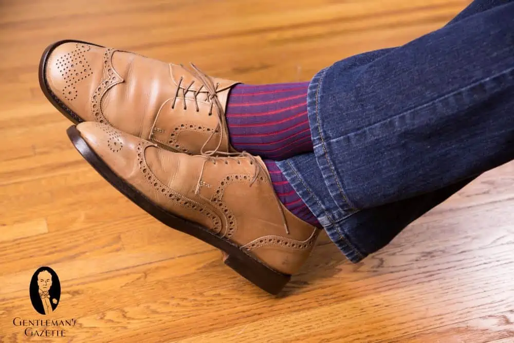 Raphael's pair of Ludwig Reiter Goodyear welted shoes (Pictured: Shadow Stripe Ribbed Socks Navy Blue and Red from Fort Belvedere)