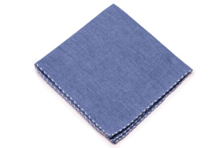 Sky Blue Two-Tone Linen Pocket Square with pale blue handrolled X-stitch edges