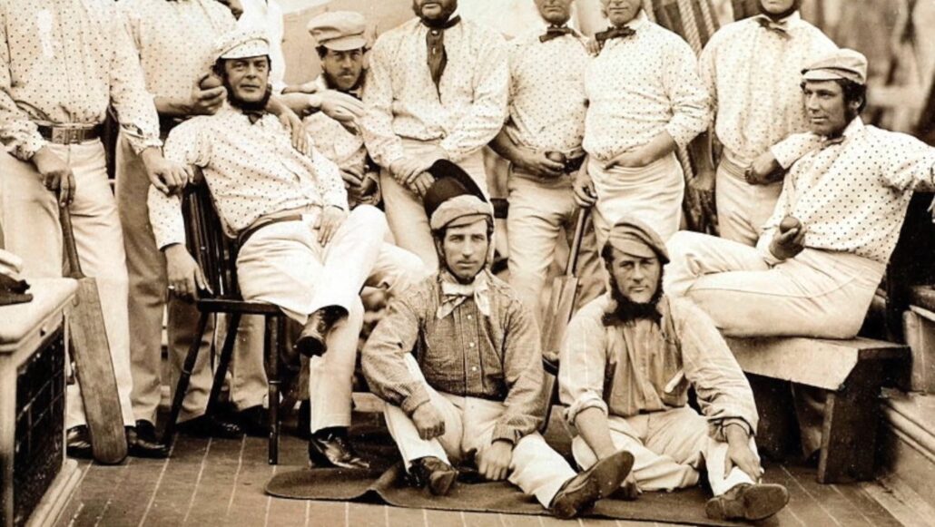 An 1850s photo of British cricketers in black boots.