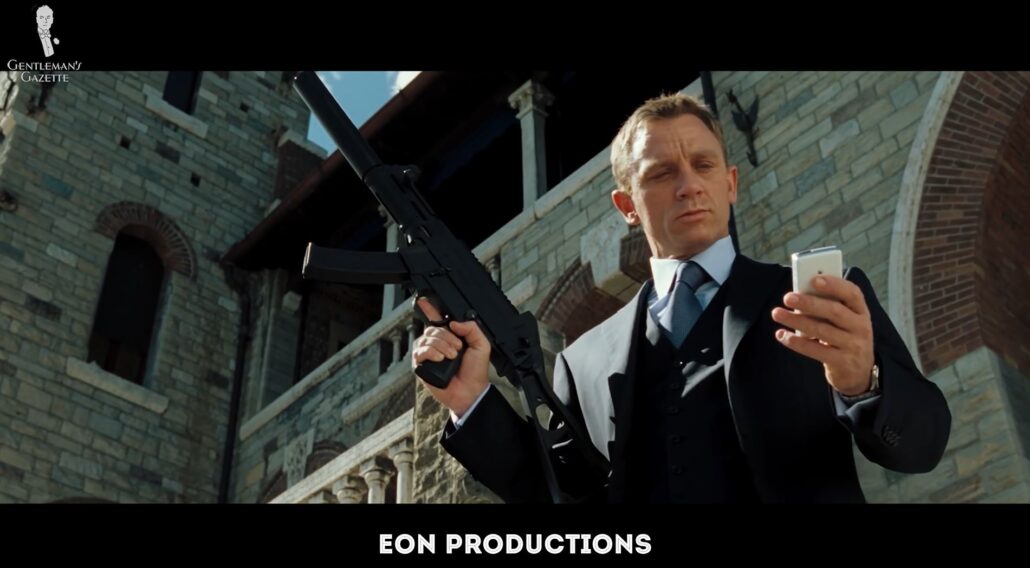 Towards the end of the film, he dons a three-piece suit [Image Credit: EON Productions]