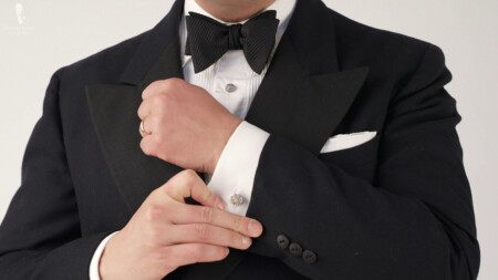 A closer look of Raphael's vintage tuxedo.