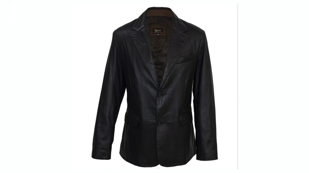 A leather jacket cut and styled like a blazer