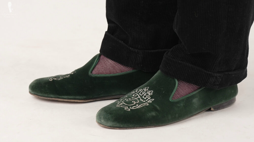 A prototype green velvet Fort Belvedere Albert slippers.
