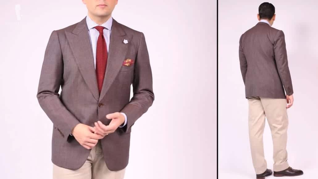 An example of spezzato working with varying shades of brown, using a brown suit jacket and khaki chinos (accessories, including knit tie, from Fort Belvedere)