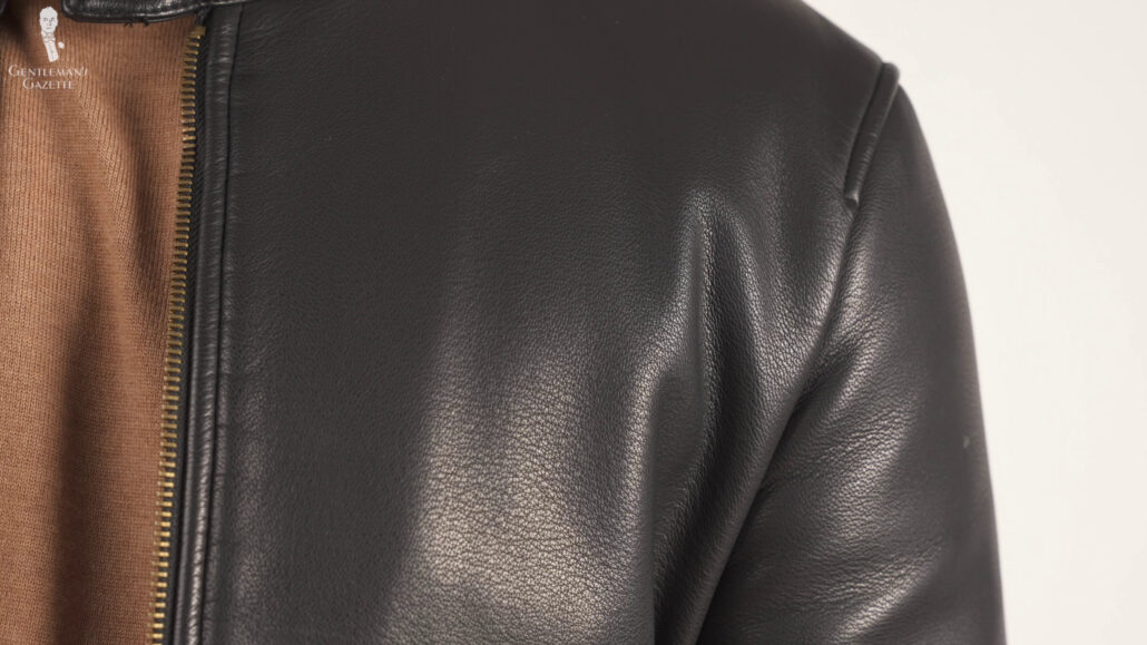 An upclose look of a black leather jacket