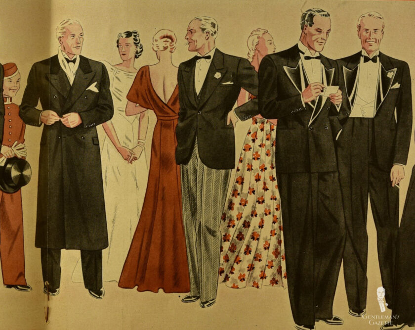 A 1930s fashion illustration in which several men are wearing Black Tie ensembles 