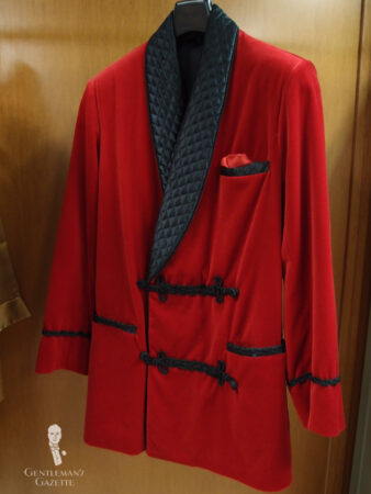 A photograph of a red smoking jacket