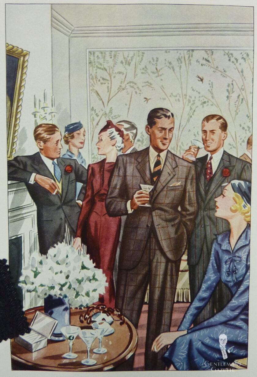 A vintage fashion illustration depicting a cocktail party with three men in cocktail attire prominently featured. 