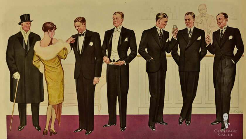 A vintage fashion illustration showing men at a party wearing Black Tie and White Tie