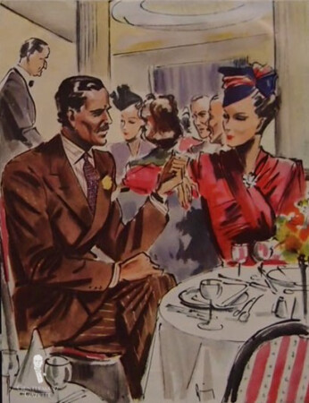 A couple in cocktail attire in a fashion illustration from the early 20th century 