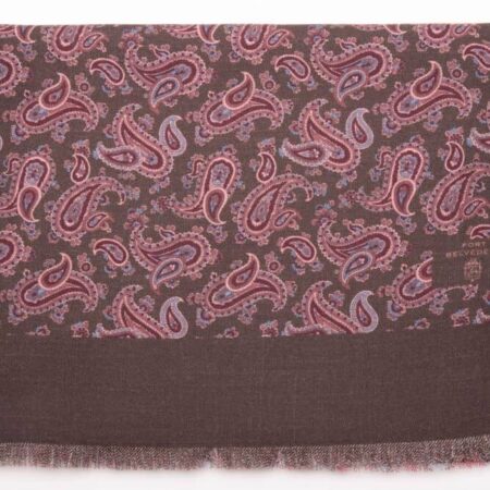 Double Sided Wool Silk Scarf in Brown, Burgundy, Red, Blue Paisley with Geometric Pattern