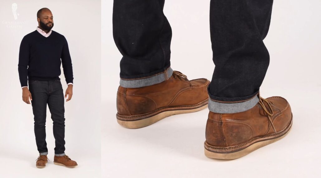 A casual ensemble on Kyle featuring the Red Wing Classic 6-inch Moc-toe boots