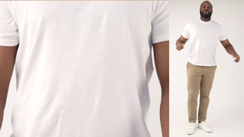 Kyles overall look wearing a Sunspel classic t-shirt.