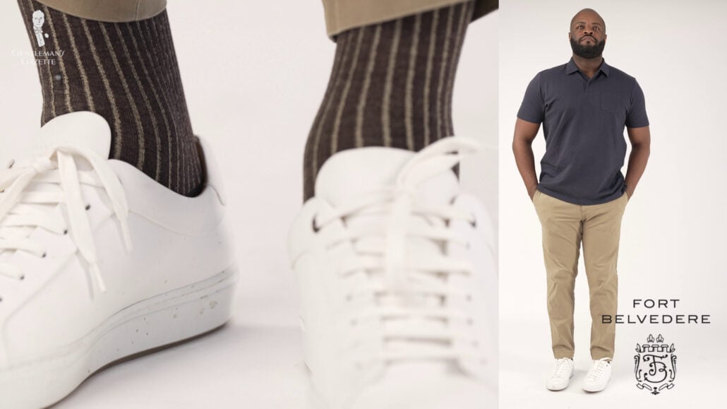 Kyle's overall look wearing the Sunspel Riviera model