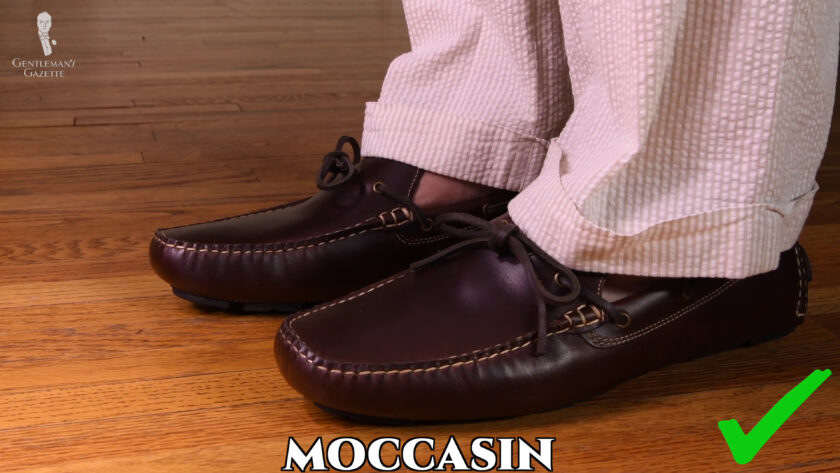 Moccasin-type style shoes like boat shoes or driving mocs.
