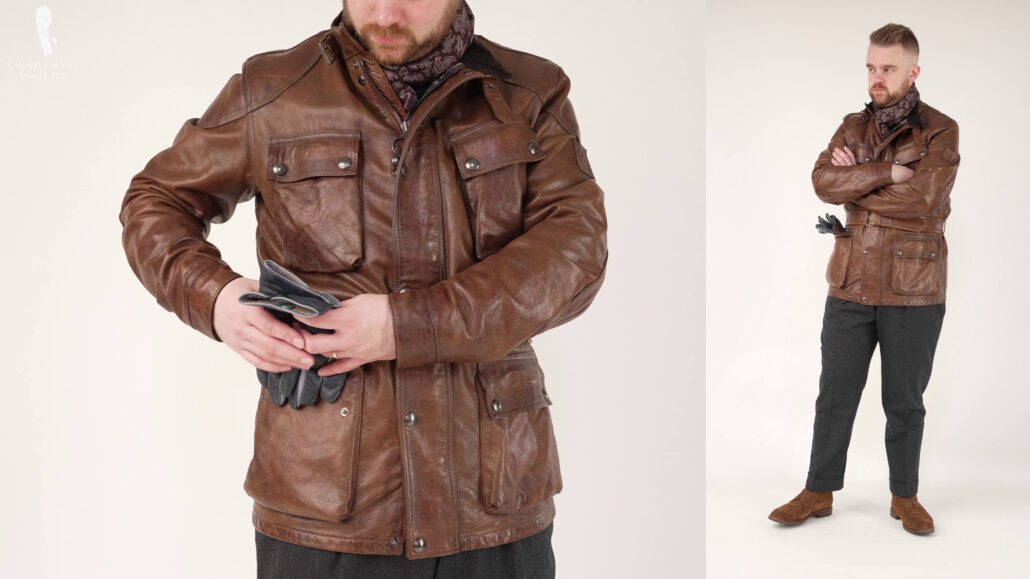 Nathan wearing a Belstaff Trialmaster jacket with complete accessories for added warmth.