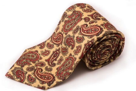 Paisley Madder Silk Tie in Buff Pale Yellow with Red Black Fort Belvedere