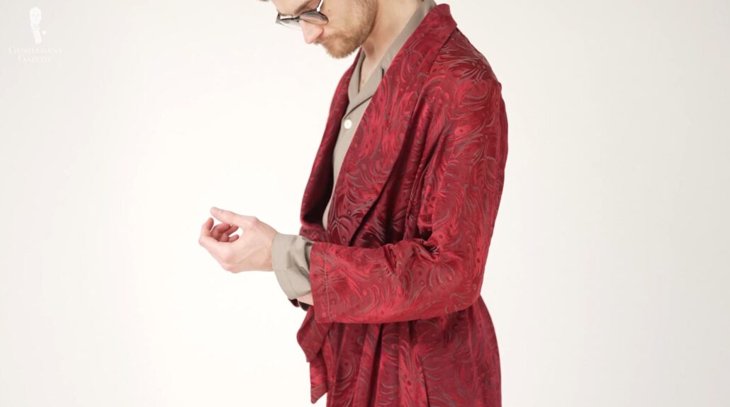 Preston in a khaki pajama set and a vintage burgundy silk dressing gown