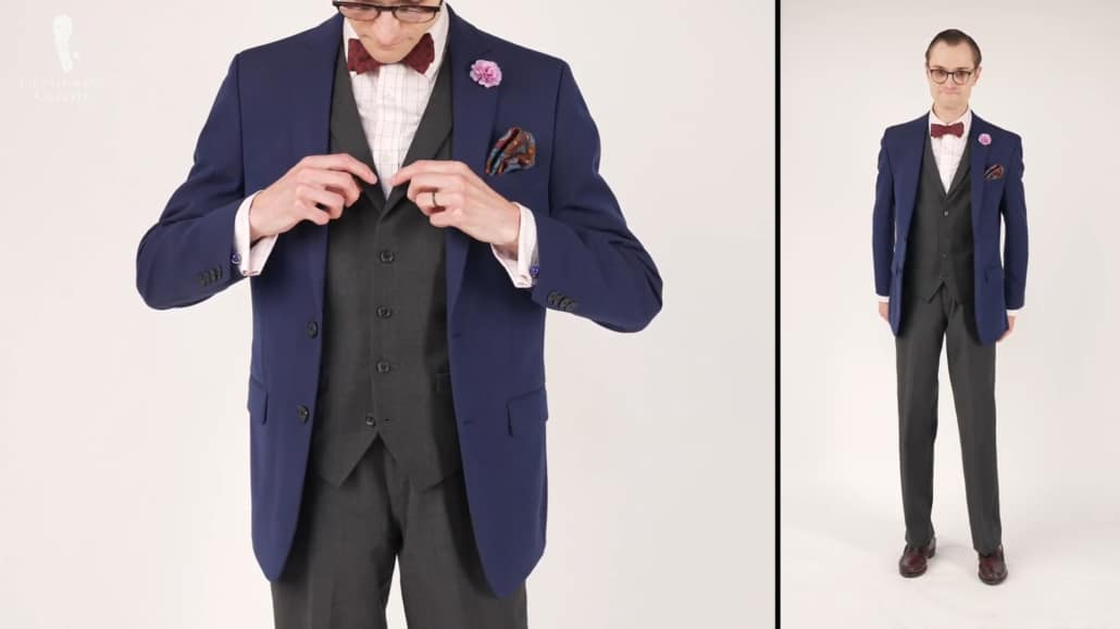 Preston wearing a charcoal and royal blue spezzato look accented by Fort Belvedere accessories.