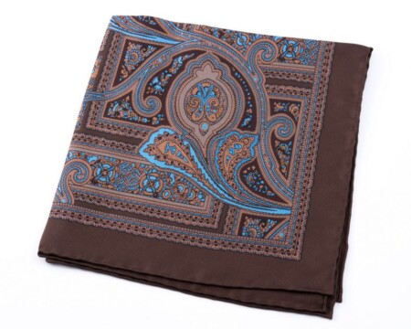 Silk Pocket Square in Brown with Blue Paisley - Fort Belvedere