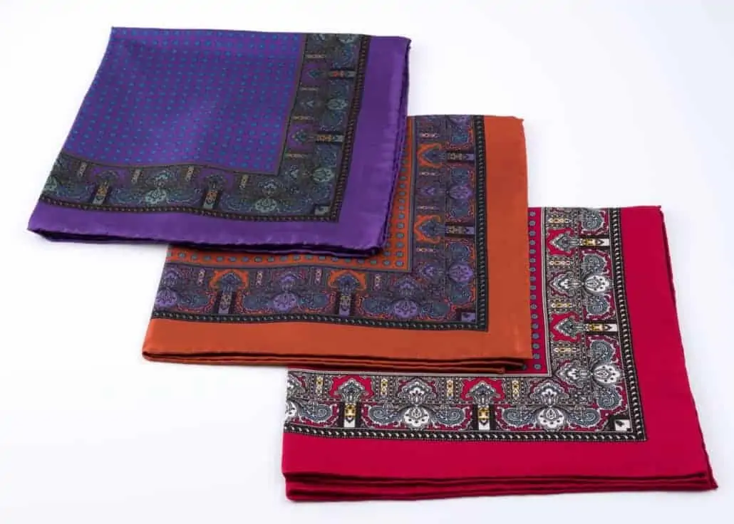 Silk Pocket Squares with Dotted Motifs and Paisley from Fort Belvedere
