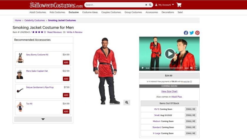 A screen capture of a website selling a smoking jacket costume