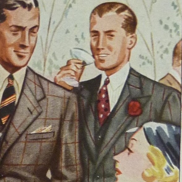 A vintage fashion illustration of a man in a red striped suit