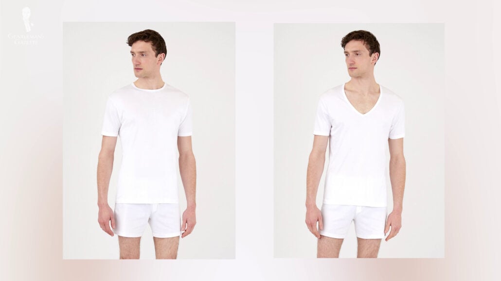 Sunspel undershirt in crew neck and deep v-neck.