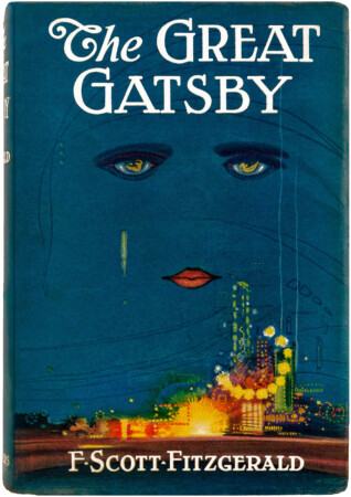 Cover of the book The Great Gatsby featuring the face of a crying woman looking out over Coney Island