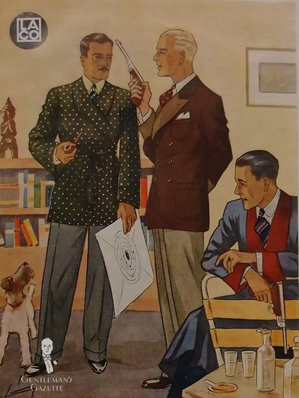 An illustrated ad depicting two men in smoking jackets and one in a house coat
