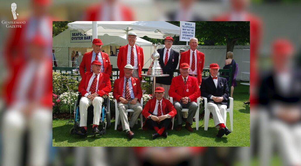 The Lady Margaret Boating Club members donning red flannel blazers