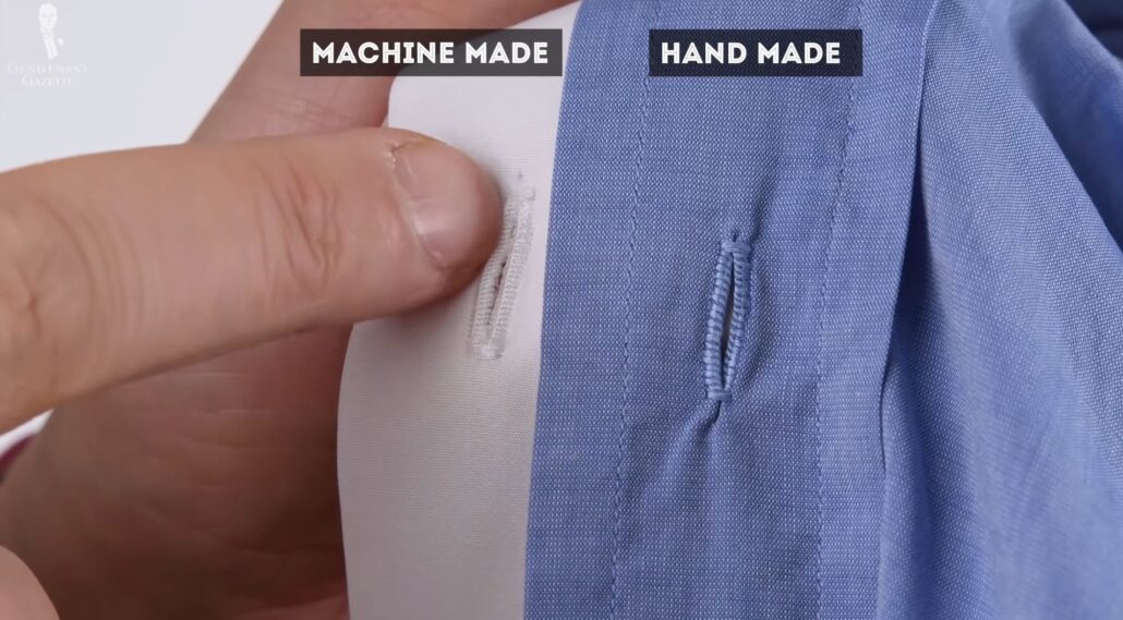 A visual comparison between a machine made buttonhole and a handmade buttonhole
