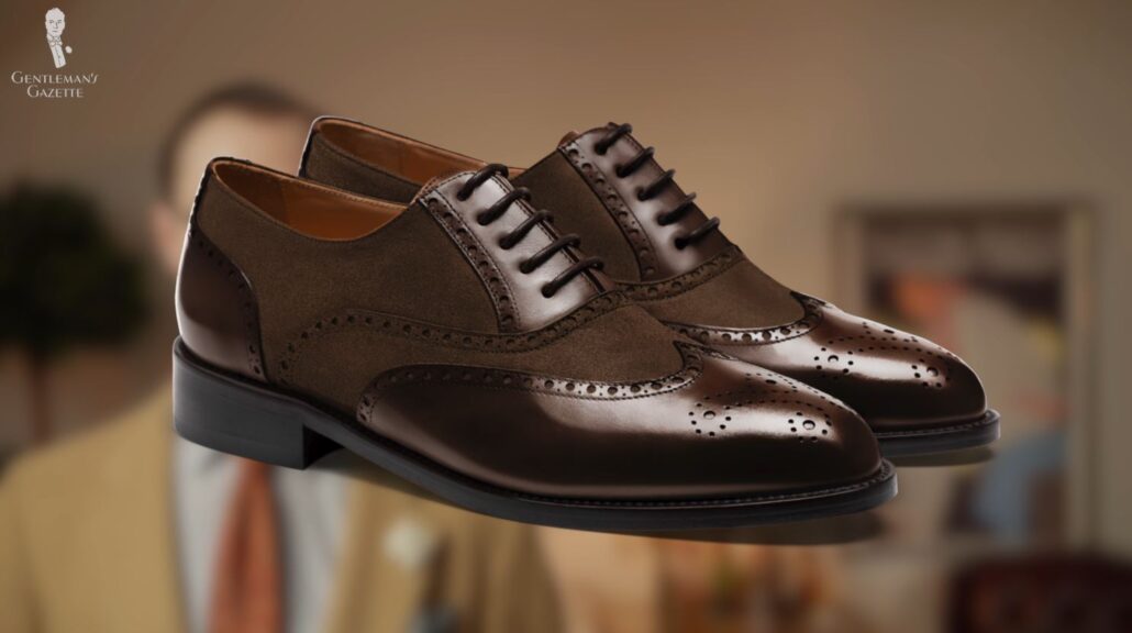 A pair of spectator shoes where the suede material allows a contrasting effect in texture