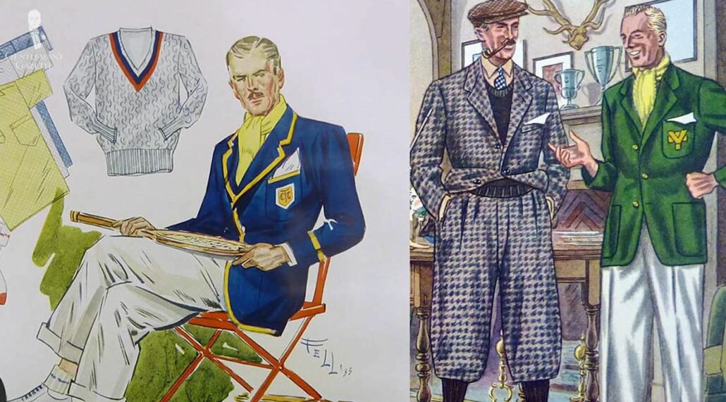 A 1930s illustration of gentlemen wearing blazers with crests