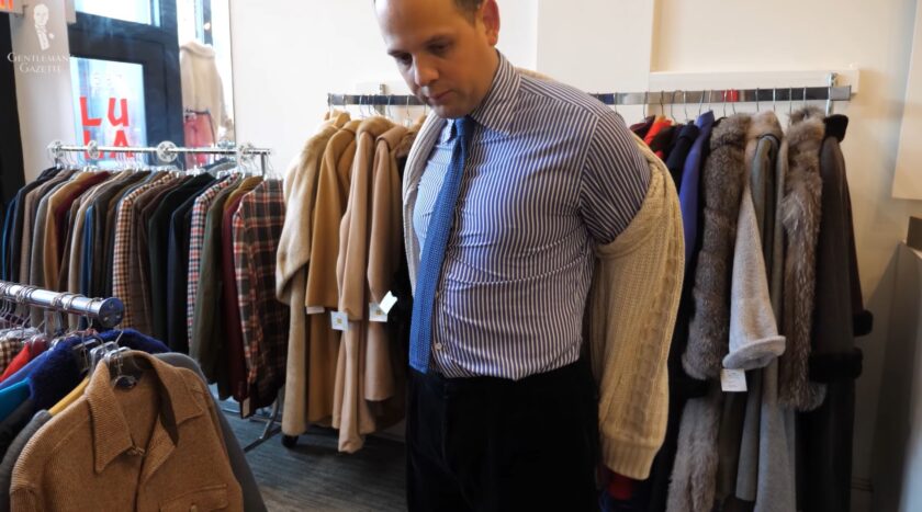 Extra layers can be inconvenient to take off when trying on clothes in the vintage store (Pictured: Knit Tie in Solid Light Blue Silk from Fort Belvedere)
