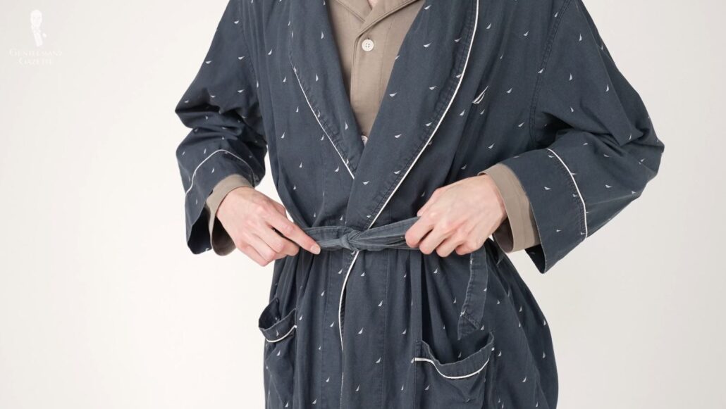 Preston's navy cotton dressing gown with sailboat patterns