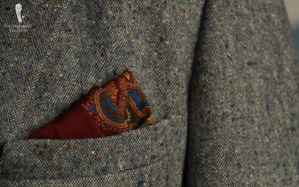 Stair Fold Stair fold (Pictured: Wine Red, Yellow, Blue, Green, Orange Silk Wool Medallion Pocket Square from Fort Belvedere)