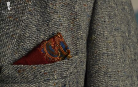 Stair fold (Pictured: Wine Red, Yellow, Blue, Green, Orange Silk Wool Medallion Pocket Square from Fort Belvedere)